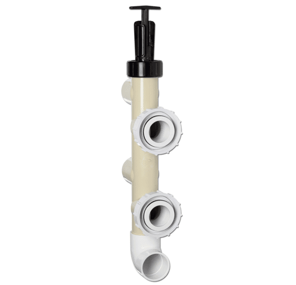 A white PVC Slide Pool Pump Backwash Valve by Pentair 263064 - 2 Inches with three pipes on it.